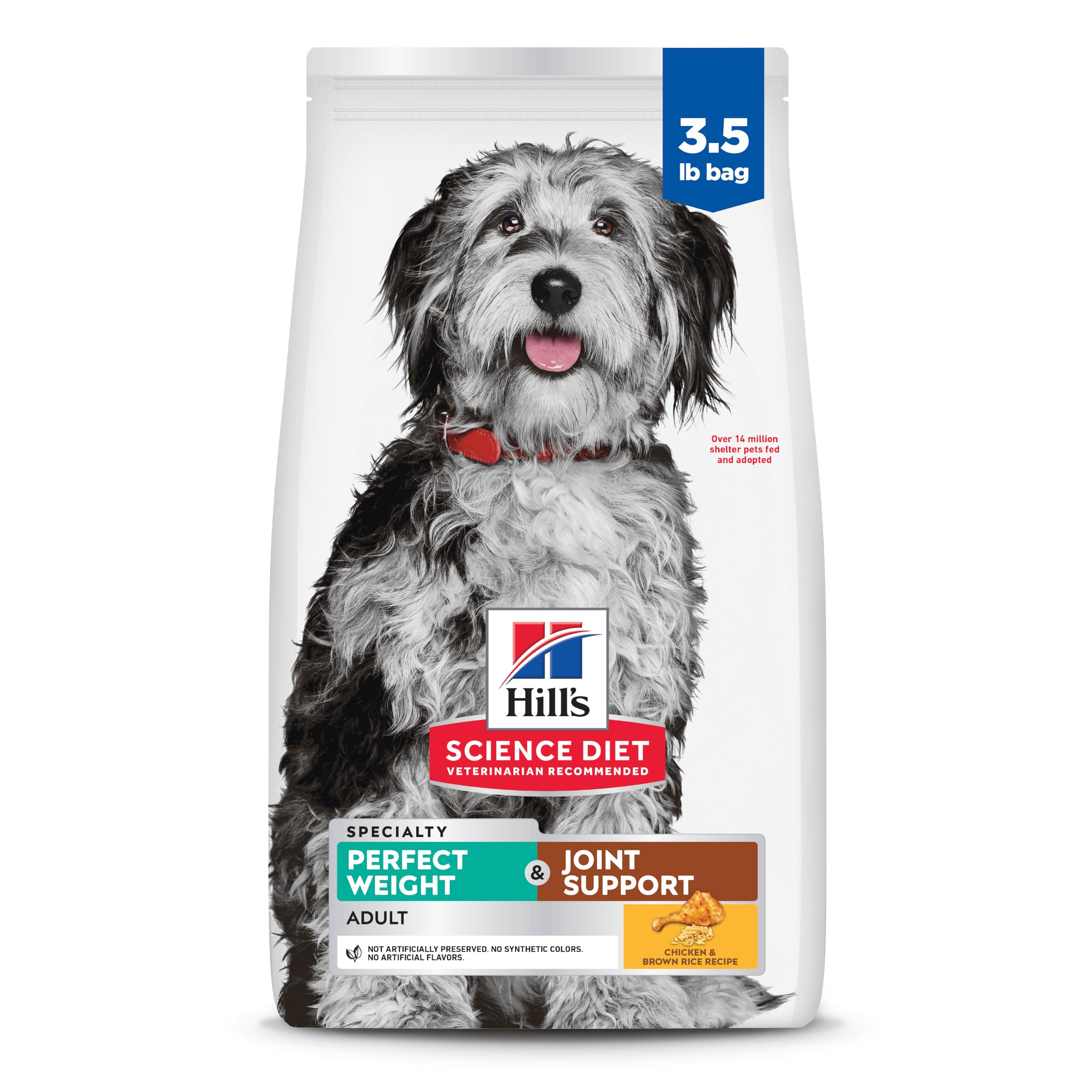 Hill's Science Diet Perfect Weight & Joint Support, bolsa frontal que destaca control de peso para perros.