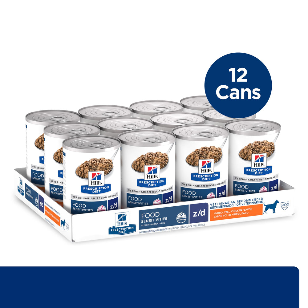 Hill's Dieta de Prescripción z/d, etiqueta de caja con información nutricional para veterinaria.