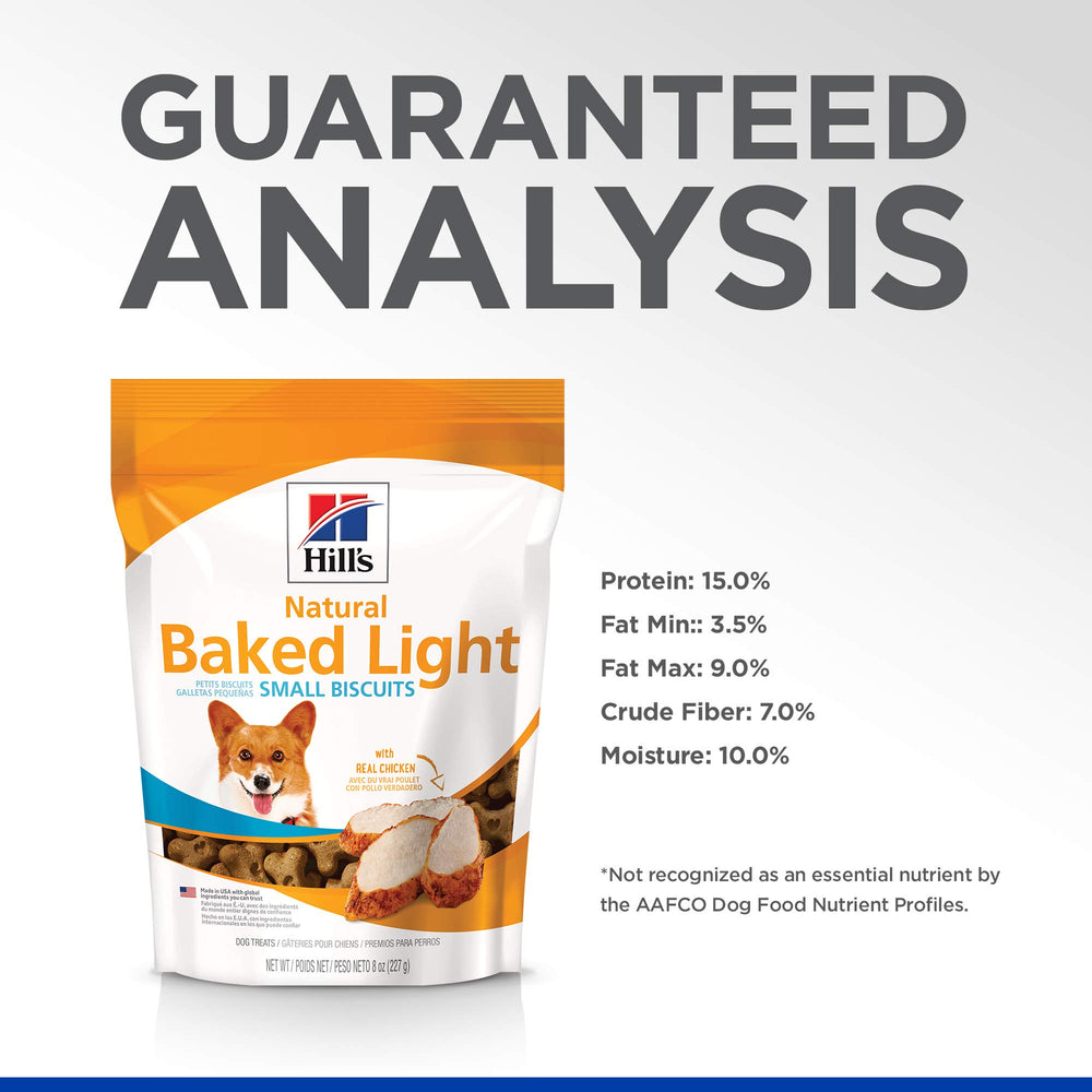 Hill's Natural Baked Light Biscuits, porciones de 8 oz para fácil manejo.