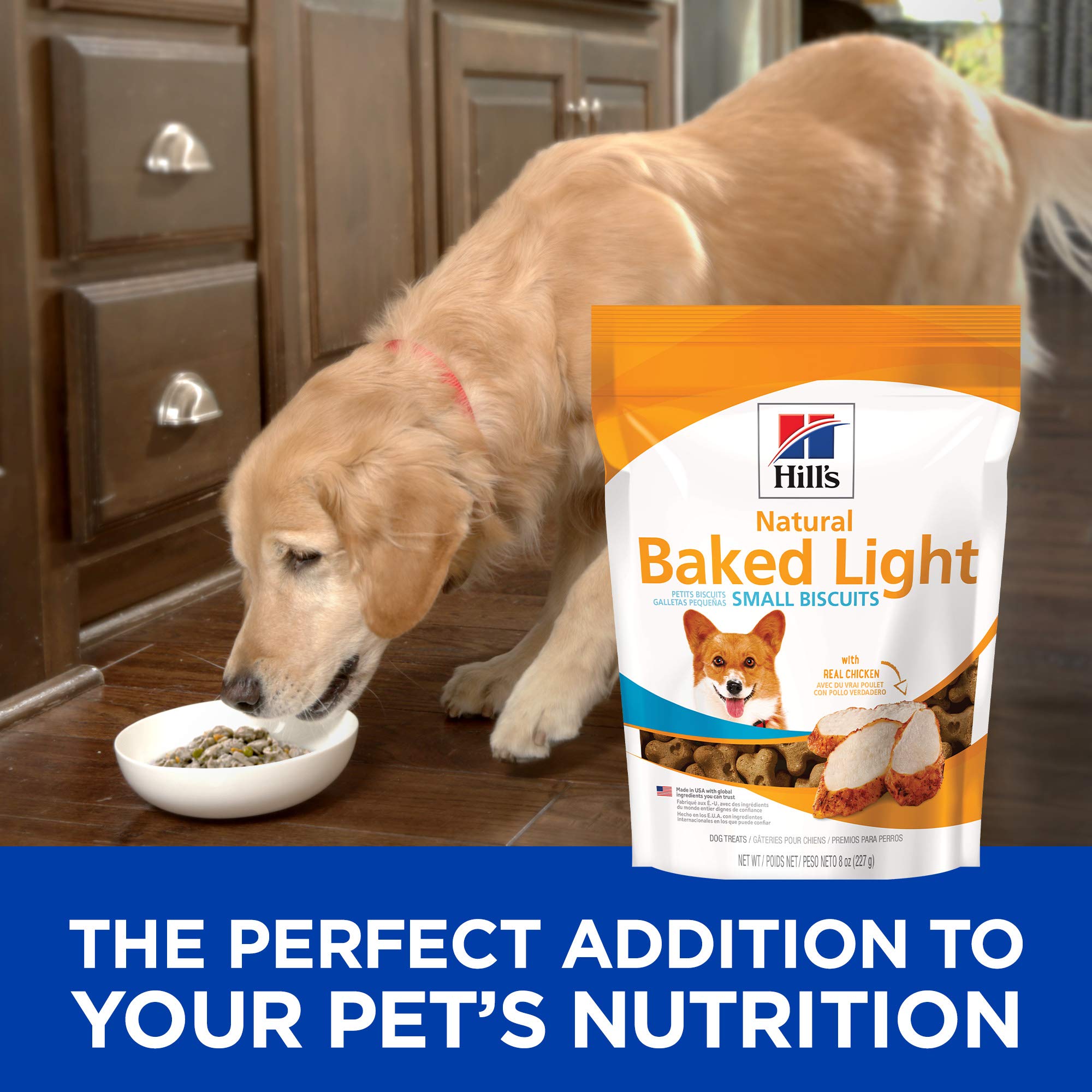 Hill's Natural Baked Light Biscuits, pollo real y sabor natural en cada bocado.