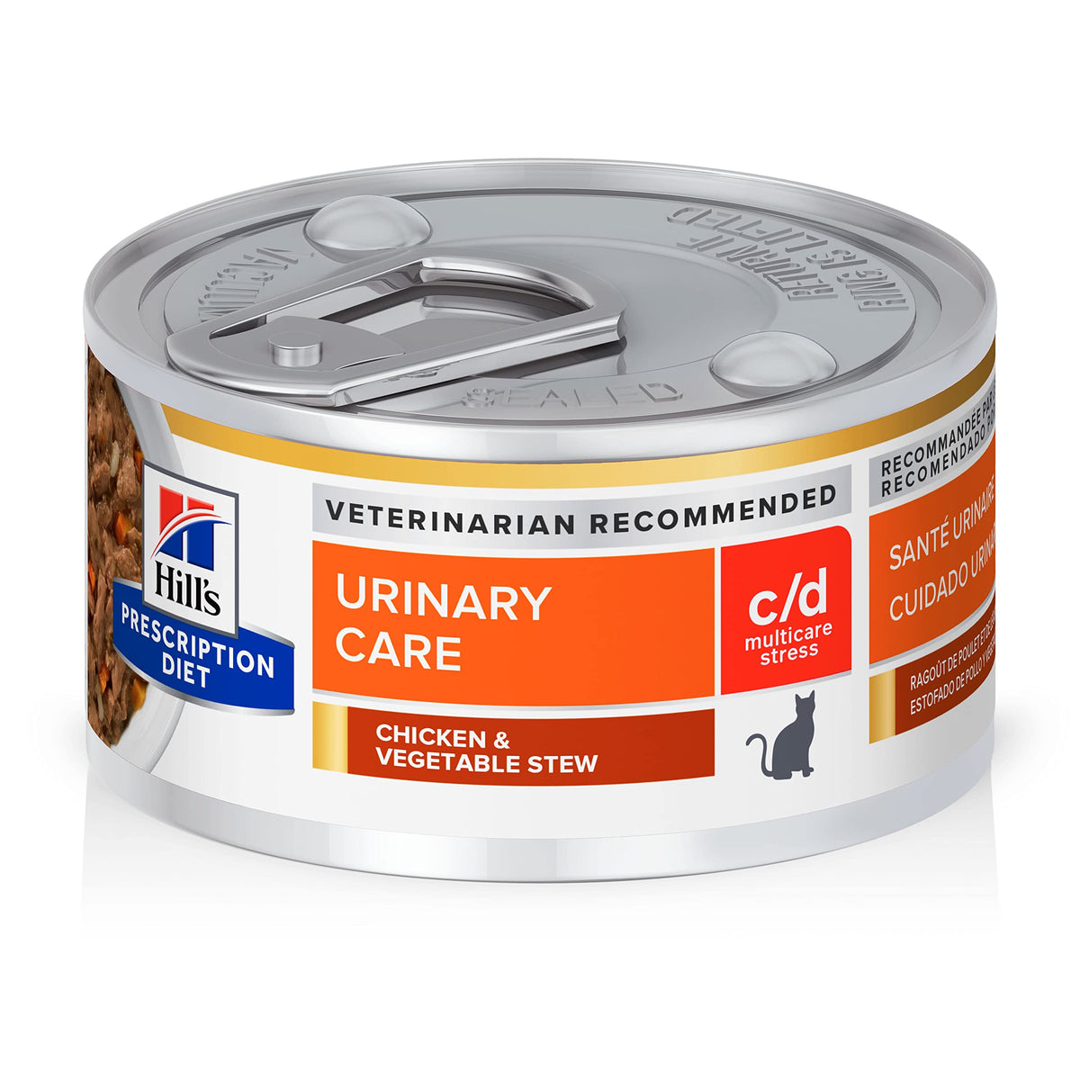 Hill's c/d Multicare, lata de guiso pollo-vegetales, apoya salud urinaria