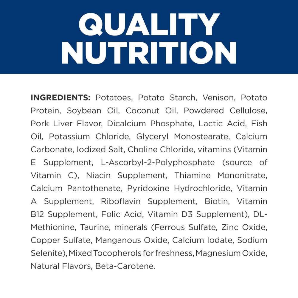 Hill's Prescription Diet d/d, proteína única de venado y carbohidratos de patata.