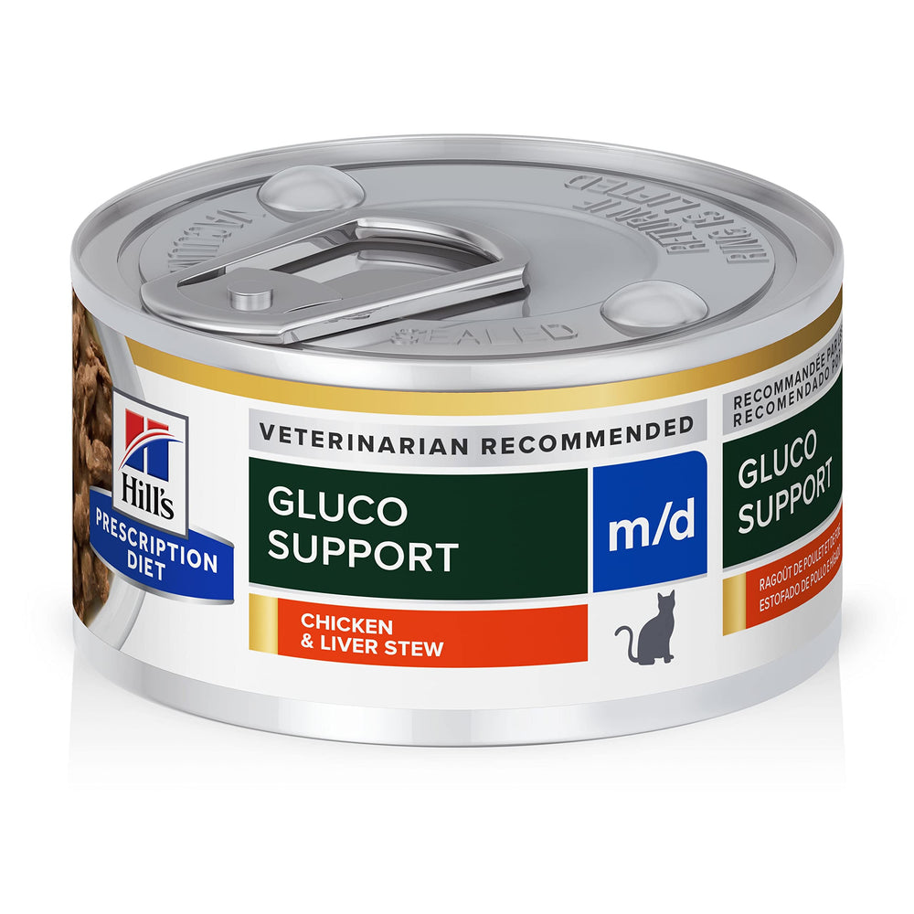 Hill's Prescription Diet m/d GlucoSupport, lata de pollo y hígado, ayuda a gestionar glucosa.
