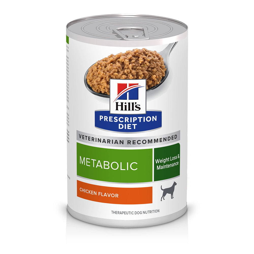 Hill's Prescription Diet Metabolic, lata de pollo 13 oz, formato 12-pack para control de peso.
