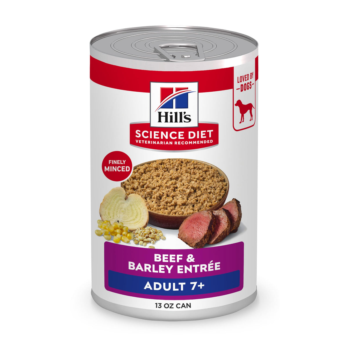 Hill's Science Diet Adult 7+ con lata de ternera y cebada; enfoque en sabor y nutrición para perros mayores.