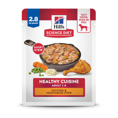 Hill's Science Diet Adult Healthy Cuisine estofado de pollo con zanahorias y espinacas para nutrición equilibrada.