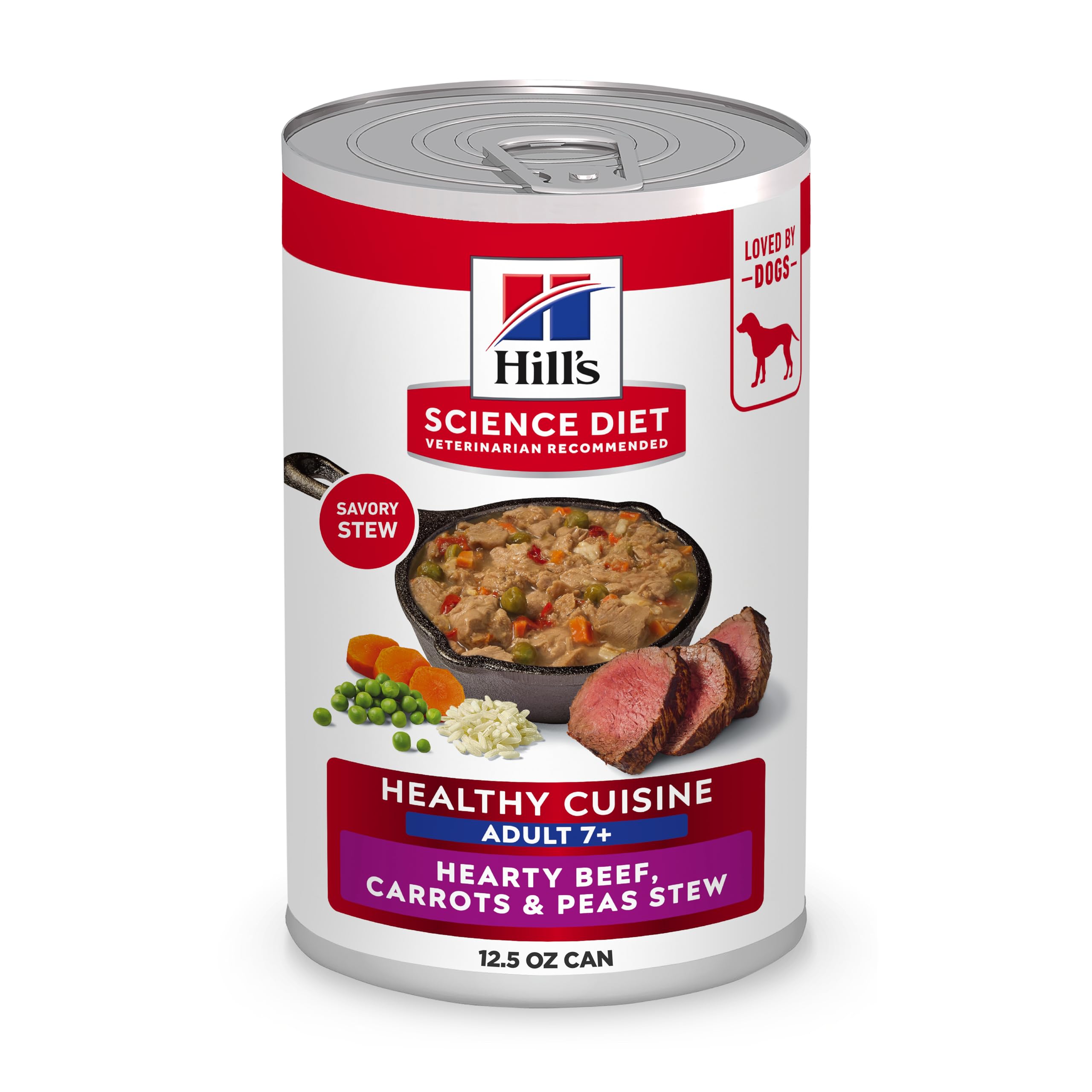 Hill's Science Diet Adult 7+ lata ternera con zanahorias ofrece sabor y textura para perros mayores.