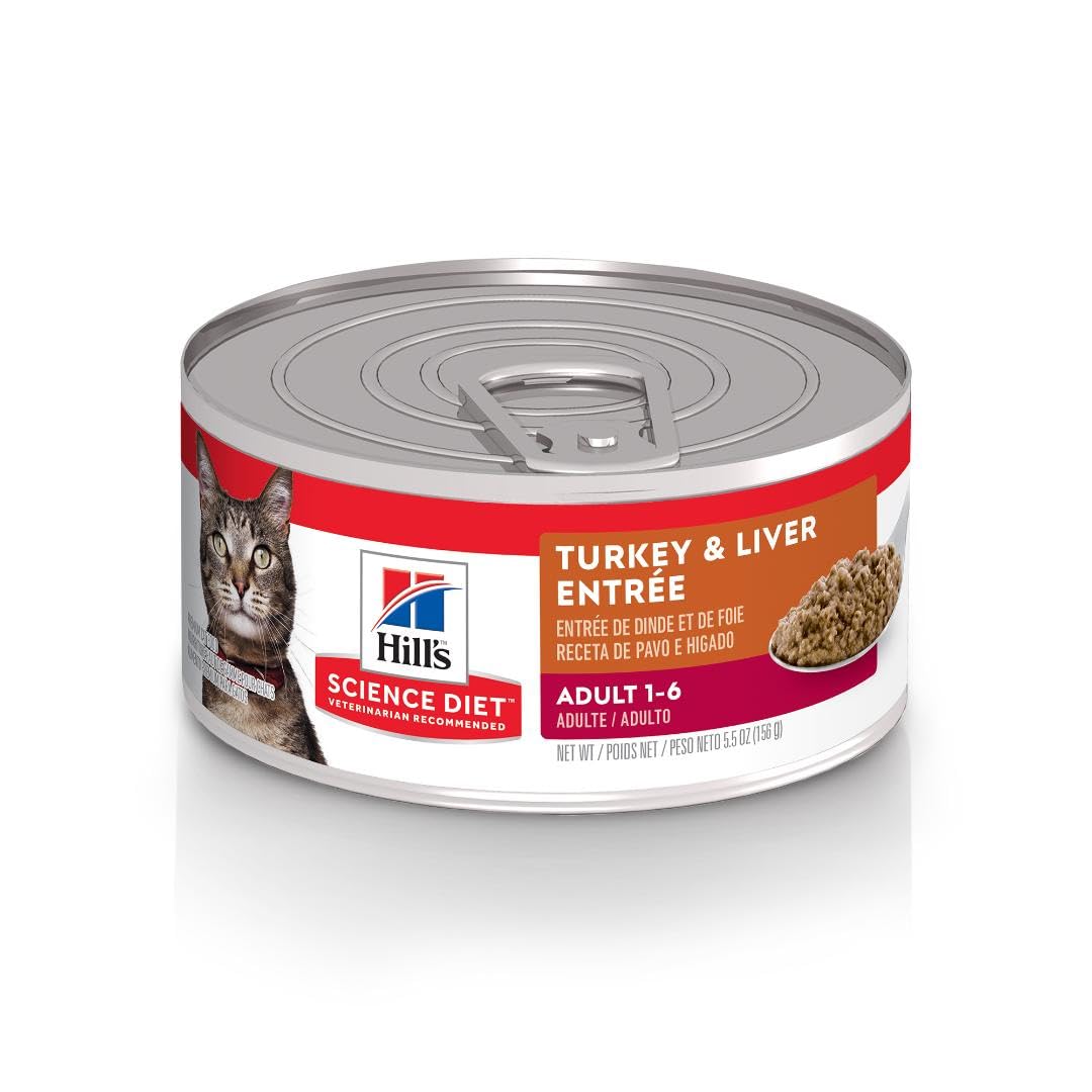 Hill's Science Diet para gatos adultos, lata de pavo e hígado, fuente de proteína.