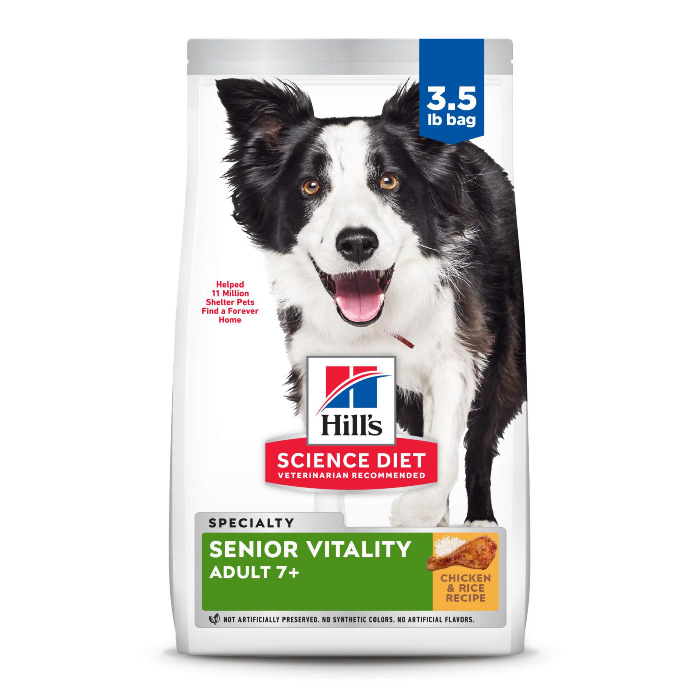 Hill's Science Diet Adult 7+ Senior Vitality, envase de alimento seco para perros mayores.