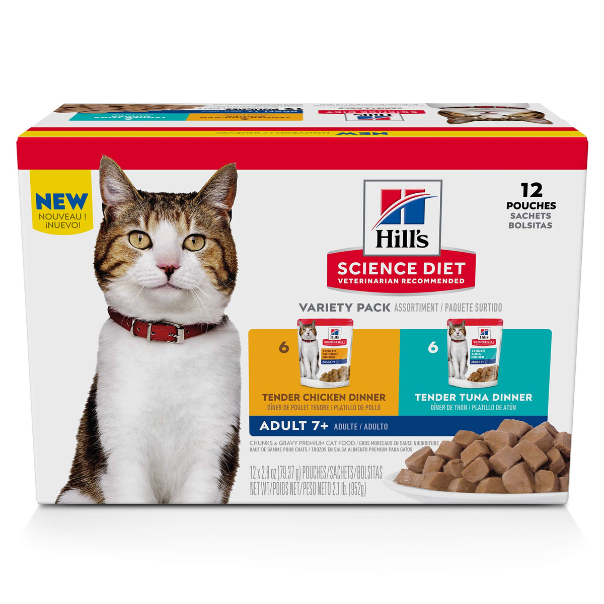 Hill's Science Diet para gatos adultos 7+ con pollo, sachet de 80 g, fácil de servir.