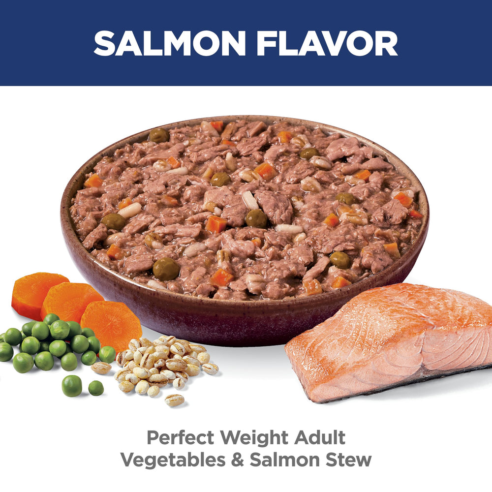 Hill's Science Diet Peso Perfecto estofado de salmón con verduras, ideal para la comida diaria.