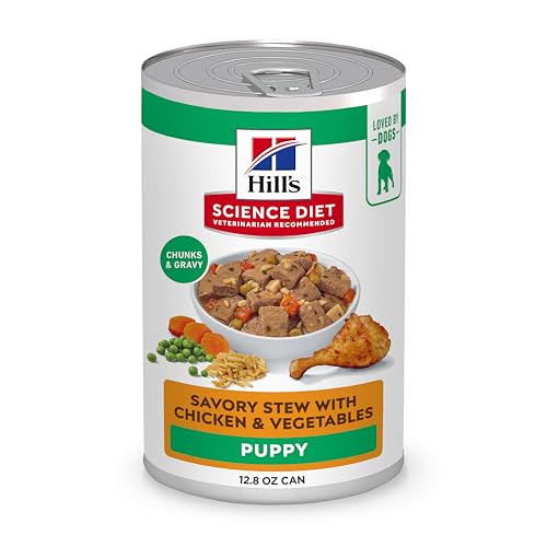 Hill's Science Diet Puppy estofado de pollo y verduras en lata para desarrollo equilibrado.