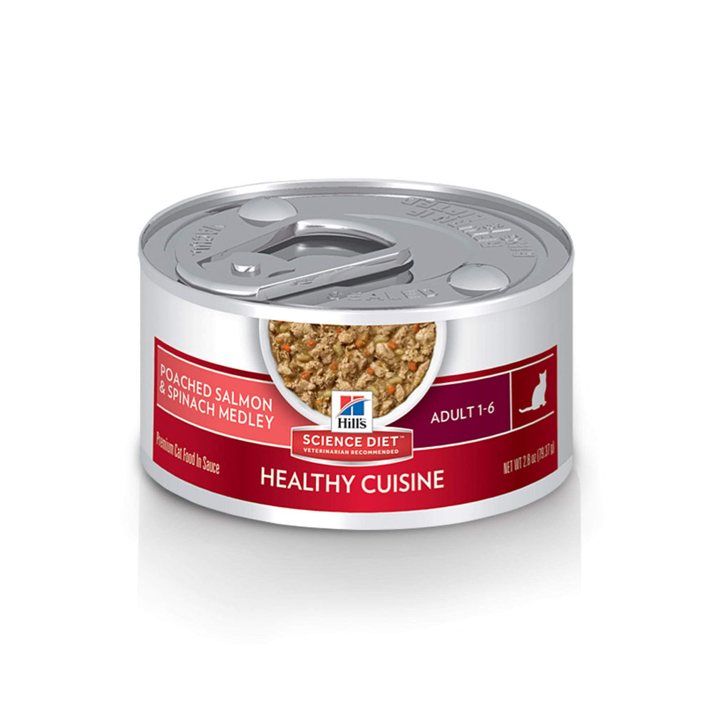 Hill's Science Diet salmón pochado con espinacas en lata 2.8 oz, presentación atractiva para gatos adultos
