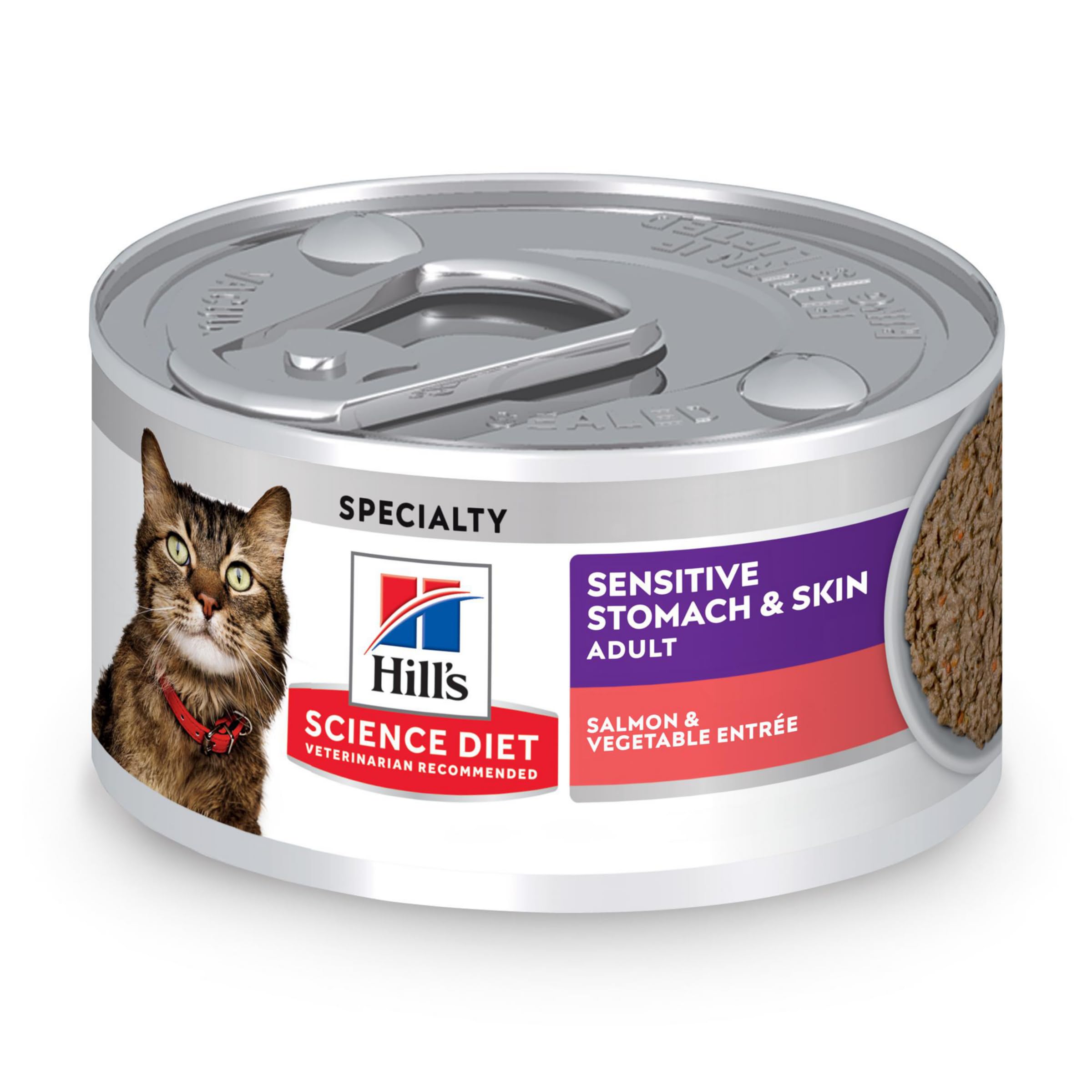 Hill's Science Diet Sensitive Stomach & Skin, lata de salmón con vegetales, apoyo a la digestión suave.