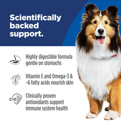 Hill's Science Diet vitamina E y omega-6 nutren piel y pelaje.