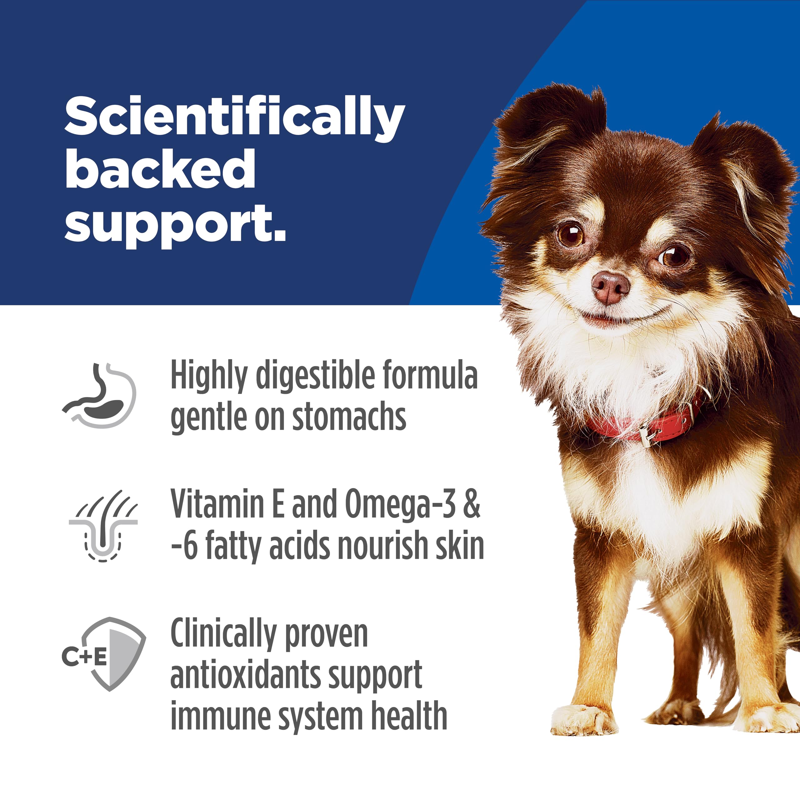Hill's Science Diet vitamina E y omega para piel sana y pelaje brillante.