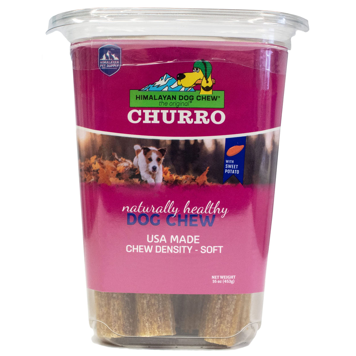 Himalayan Dog Chew CHURRO tub: vista superior del empaque para sesiones de entrenamiento