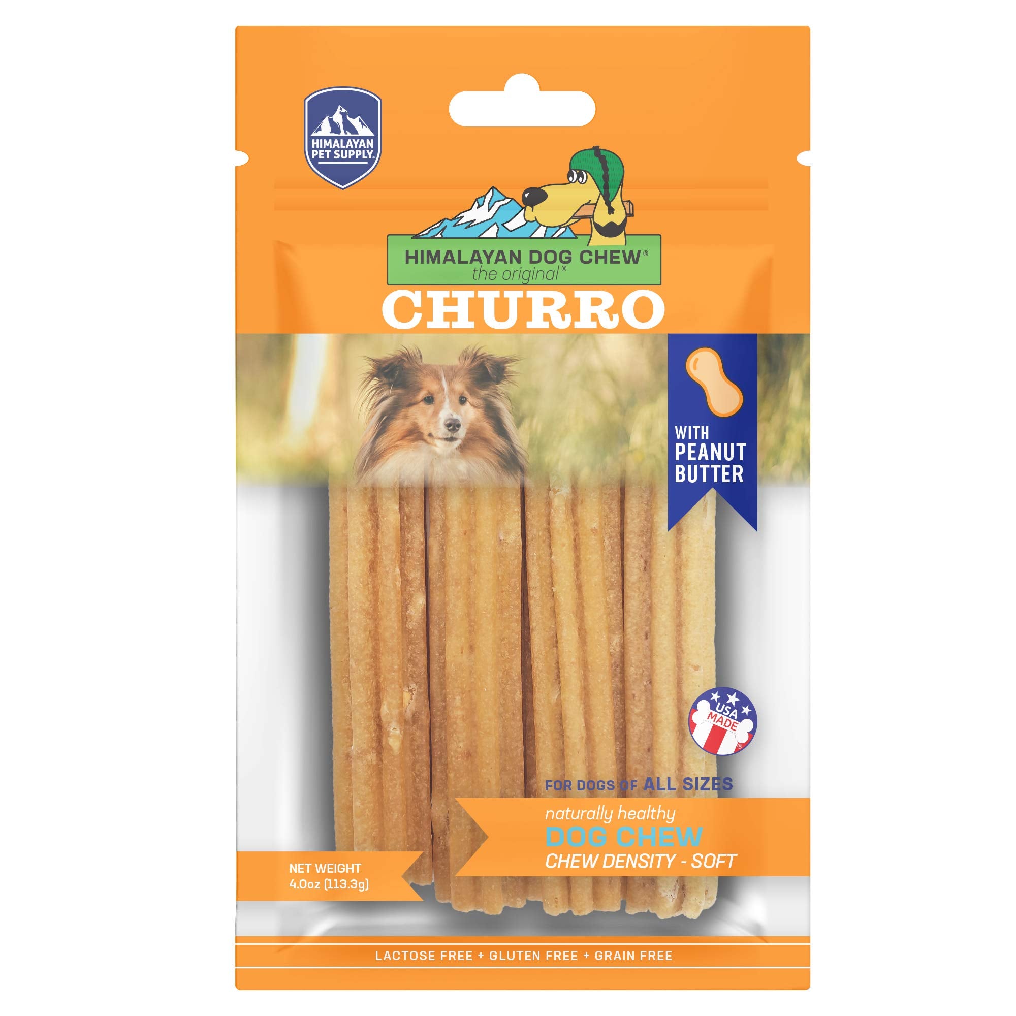 Himalayan Dog Chew Churro Yak Cheese en empaque, cuatro churros por bolsa para entretenimiento prolongado.