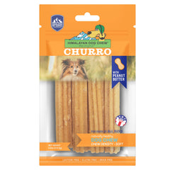 Himalayan Dog Chew Churro Yak Cheese en empaque, cuatro churros por bolsa para entretenimiento prolongado.