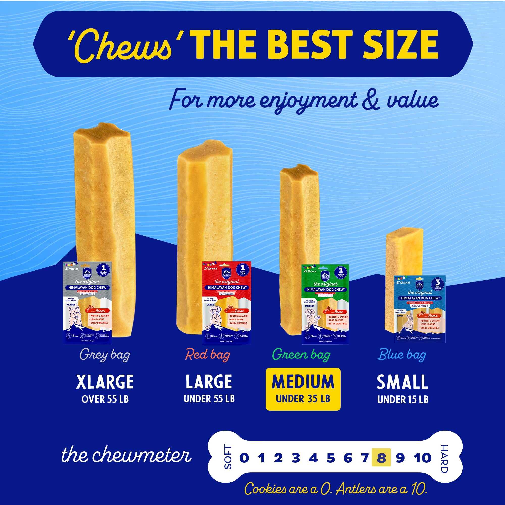 Himalayan Dog Chew para perros de hasta 35 libras, bocado mediano.
