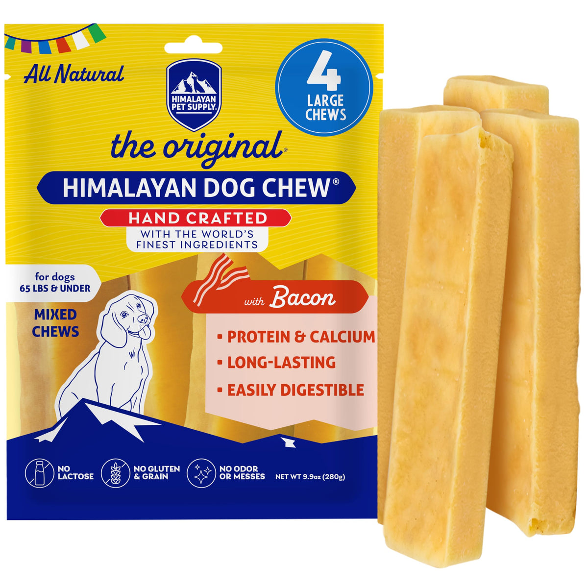 Himalayan Dog Chew tocino, empaque práctico para perros activos.