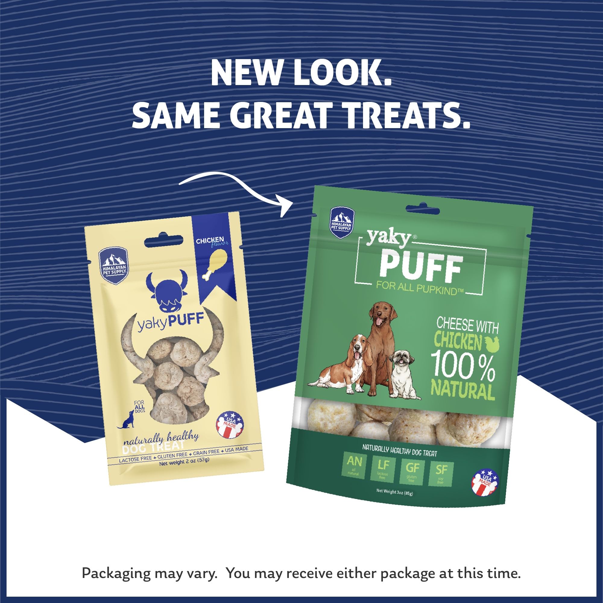 Yaky PUFFs textura crujiente de Himalayan Dog Chew, snack libre de gluten para mascotas sensibles.