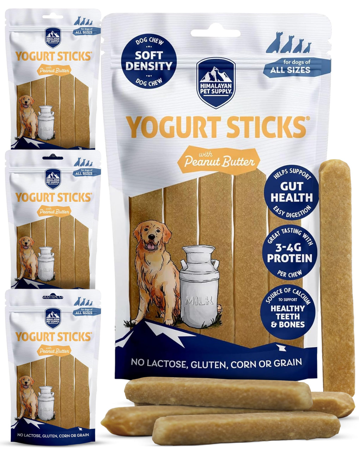 Himalayan Dog Chew Yogurt Sticks empaque visible, snack natural para perros.