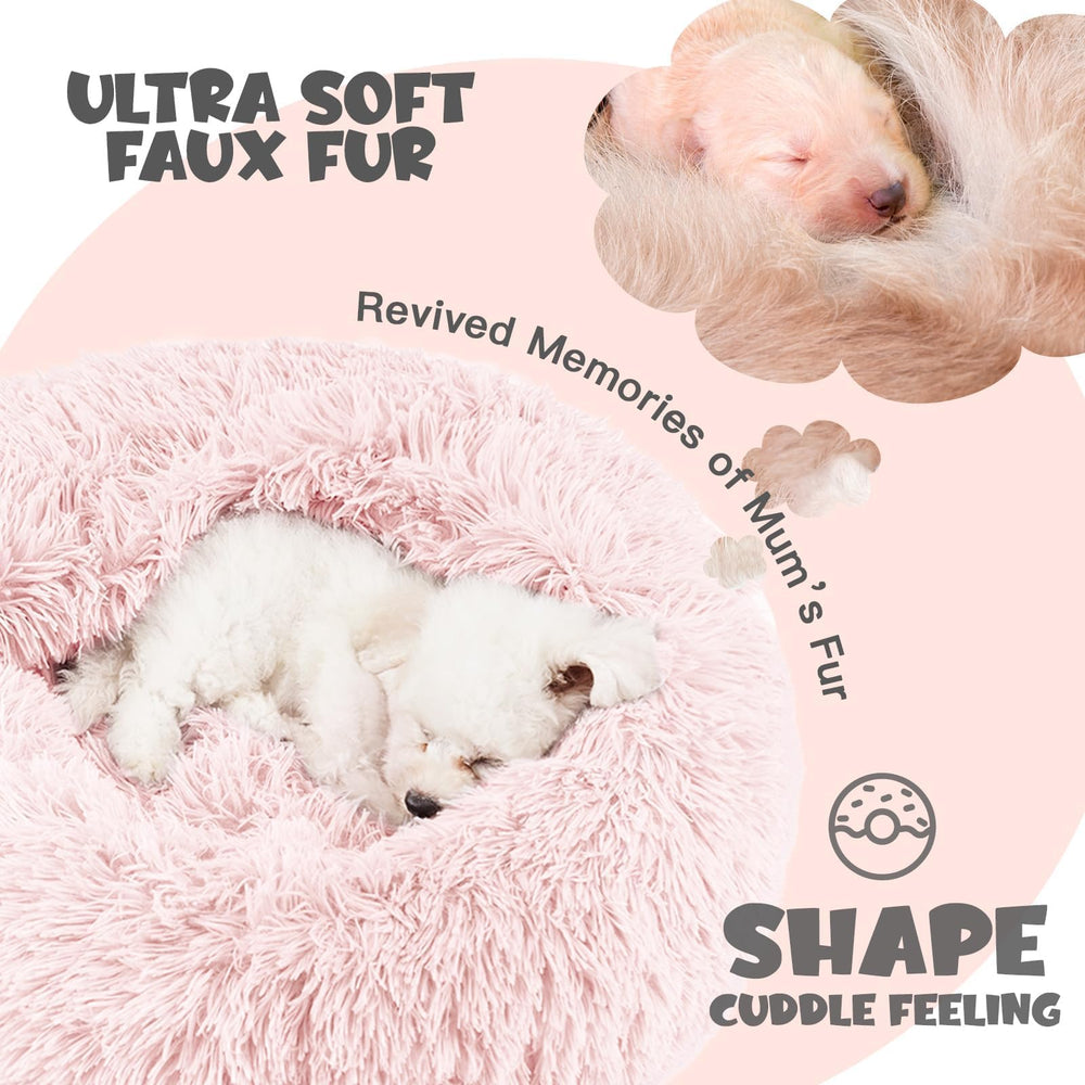 Cama Himax para perro mediano con forma de rosquilla rosa, confort envolvente