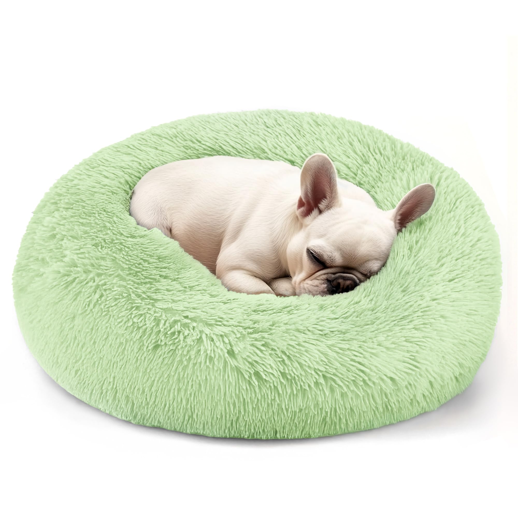 Hoewina Cama Donut verde para perros y gatos, frente muestra confort y soporte.