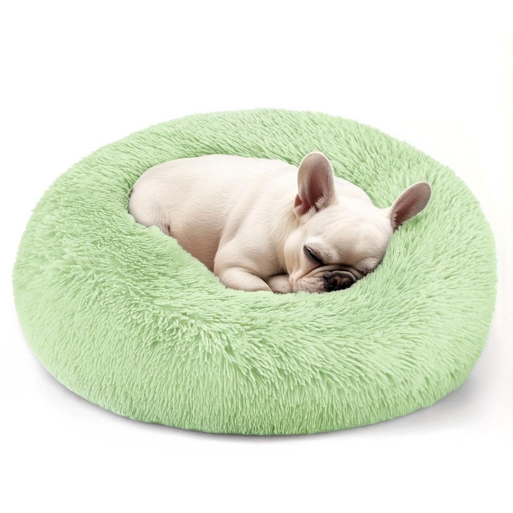 Hoewina Cama Donut verde para perros y gatos, frente muestra confort y soporte.