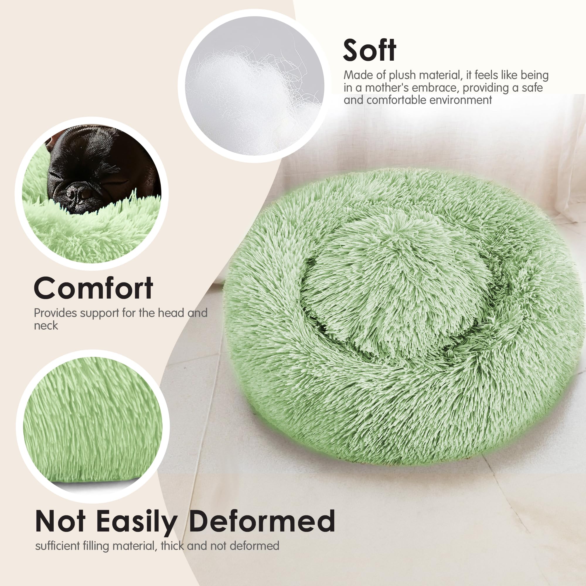 Hoewina cama donut verde, interior relleno suave para calor y confort.