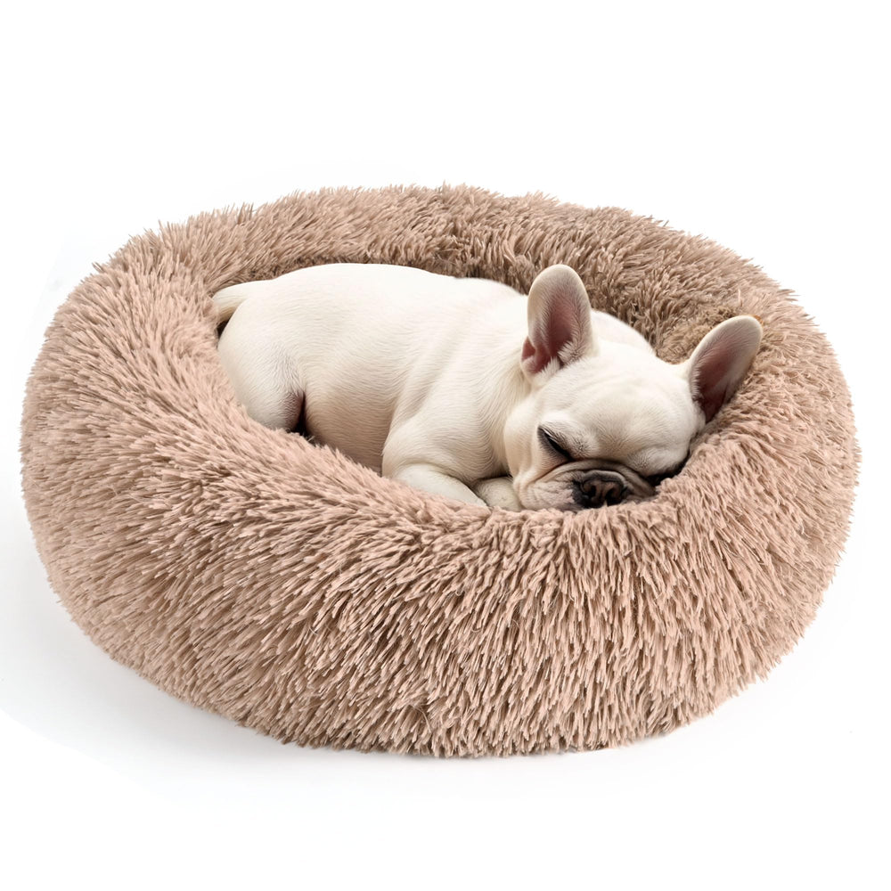 Cama donut Hoewina para perros y gatos, refugio cómodo tono camel