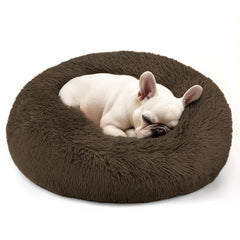 Cama Hoewina para perros pequeños, forma redonda color café, ofrece soporte suave para dormir.
