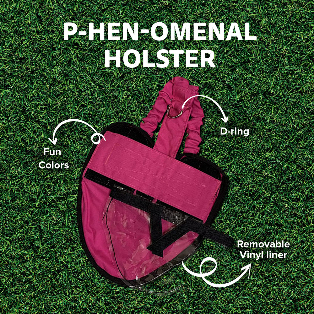 Holster pañal gallina rosa con forro vinílico desmontable para limpieza rápida.