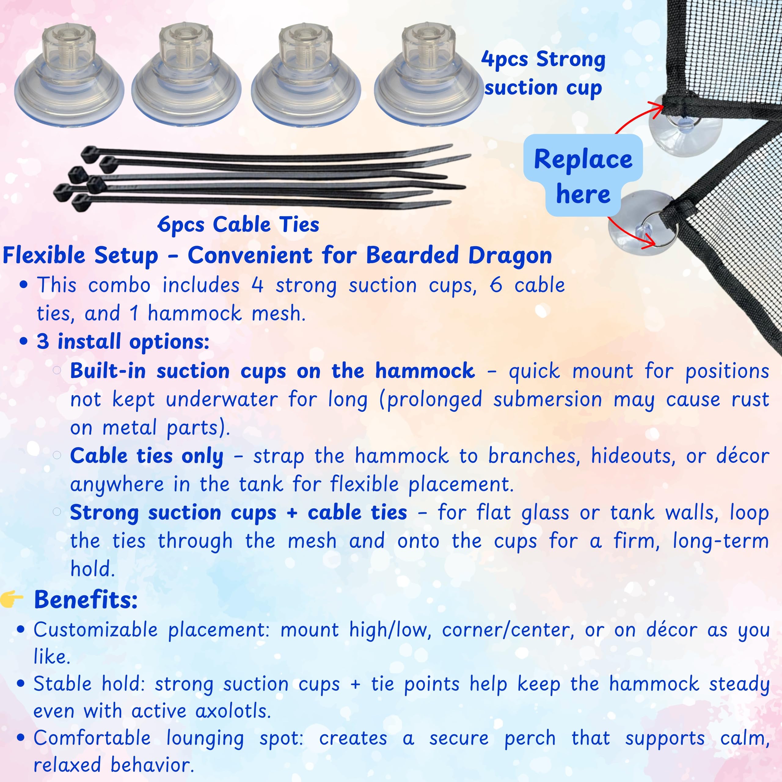 Homedy Crafts hamaca dragón barbudo en malla suave, soporte cómodo para barriga y garras.