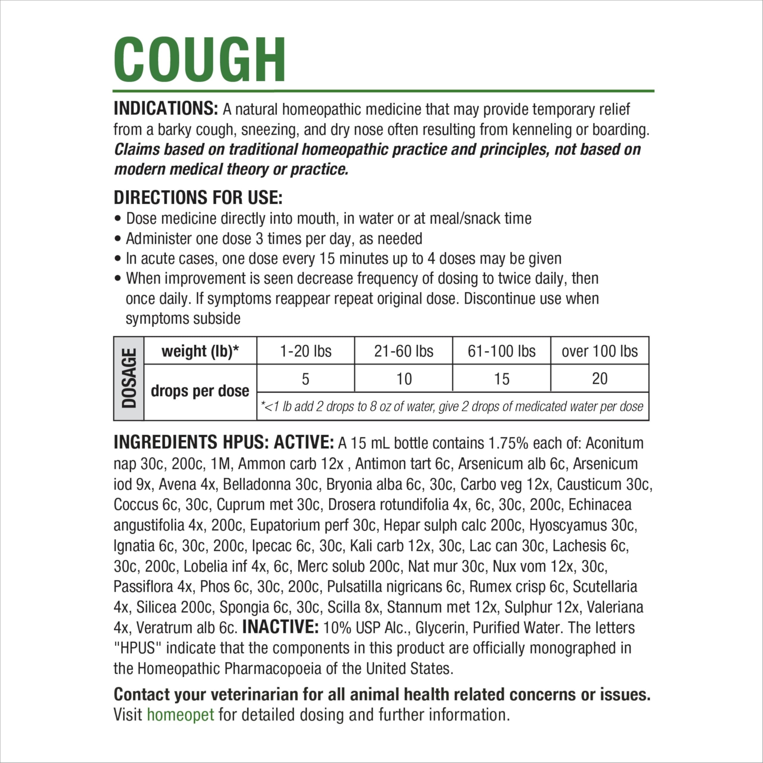 HomeoPet Cough: envase de 15 ml para un uso práctico y prolongado.