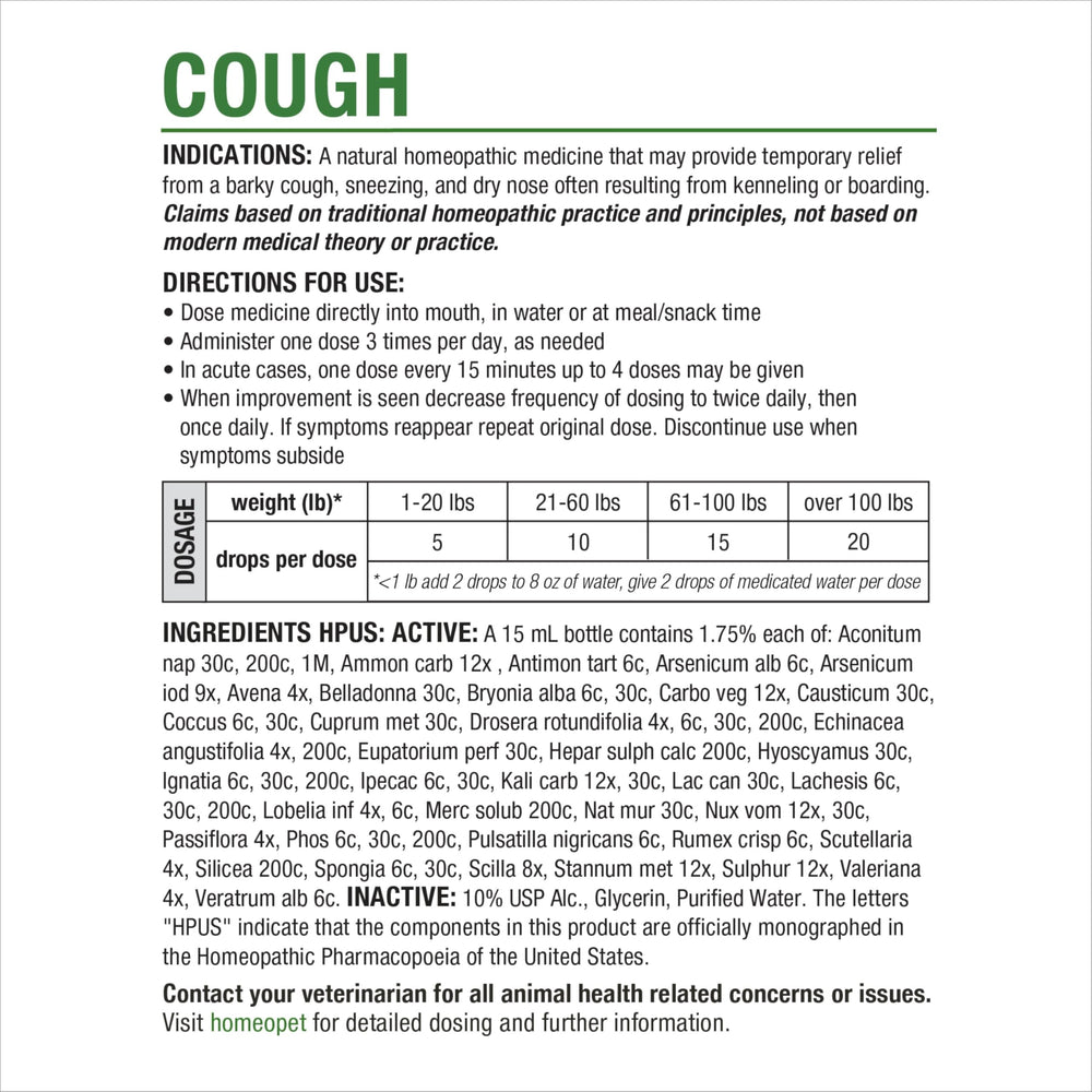 HomeoPet Cough: envase de 15 ml para un uso práctico y prolongado.