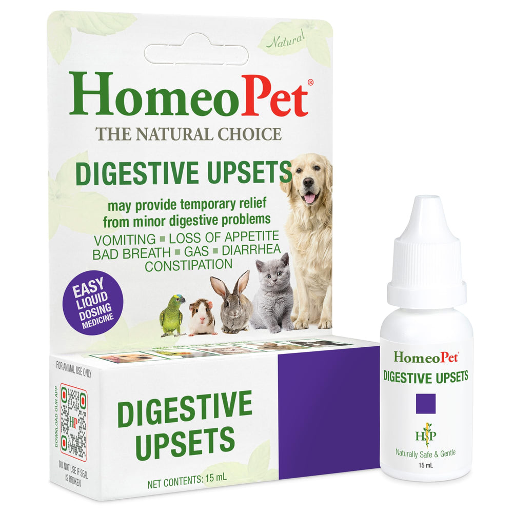HomeoPet Digestive Upsets: botella para apoyar la digestión suave en mascotas.