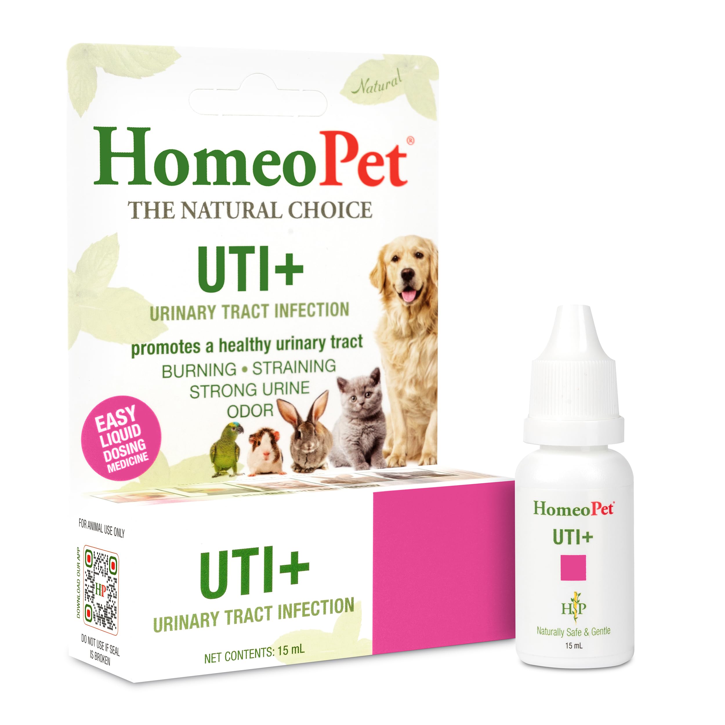 HomeoPet UTI+ muestra la botella para verter dosis rápidas.