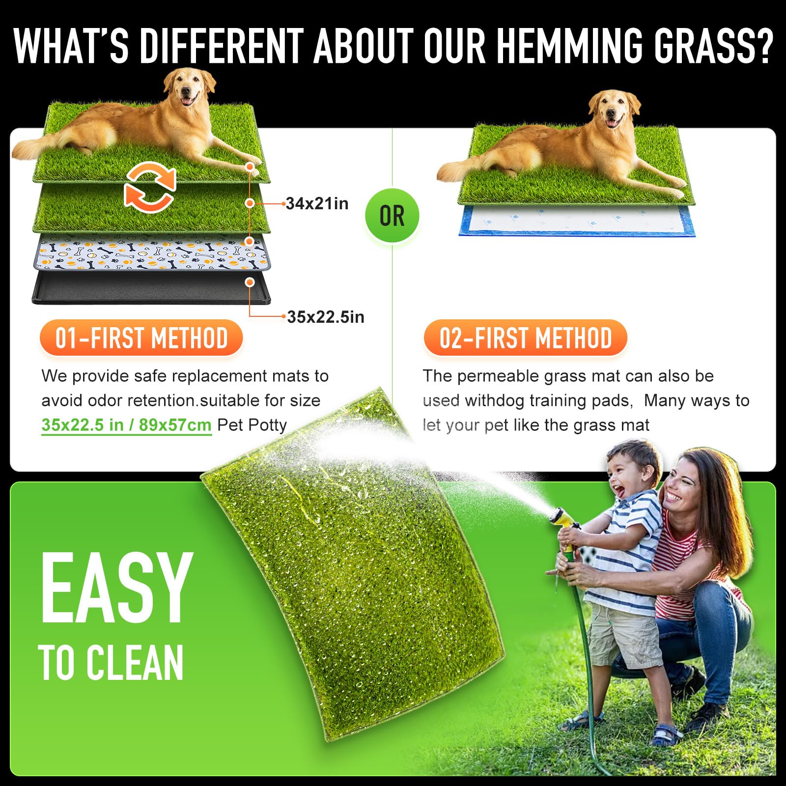 Hompet training pads with hemmed edge design prevent tearing during use.