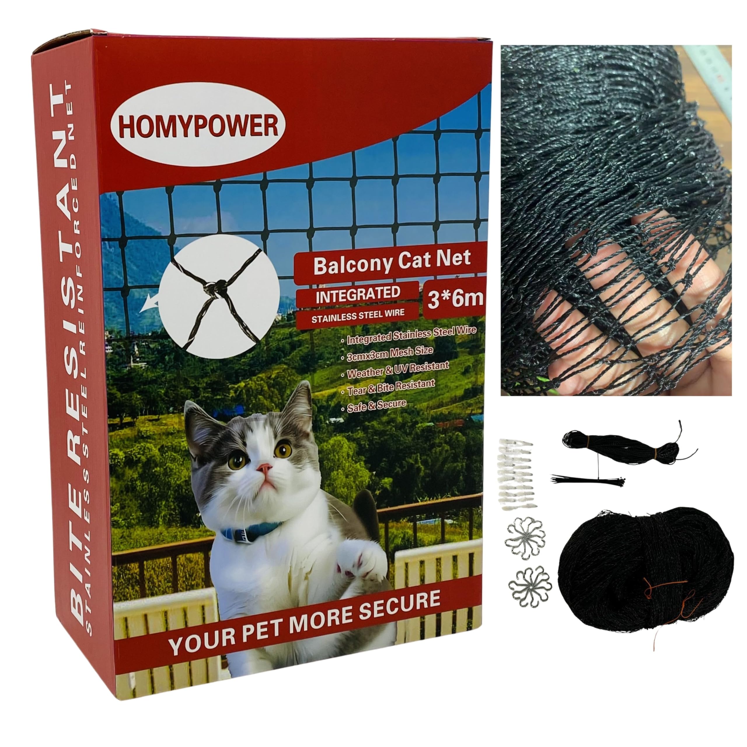 HOMYPOWER malla balcón para gatos con vista clara y protección contra caídas.