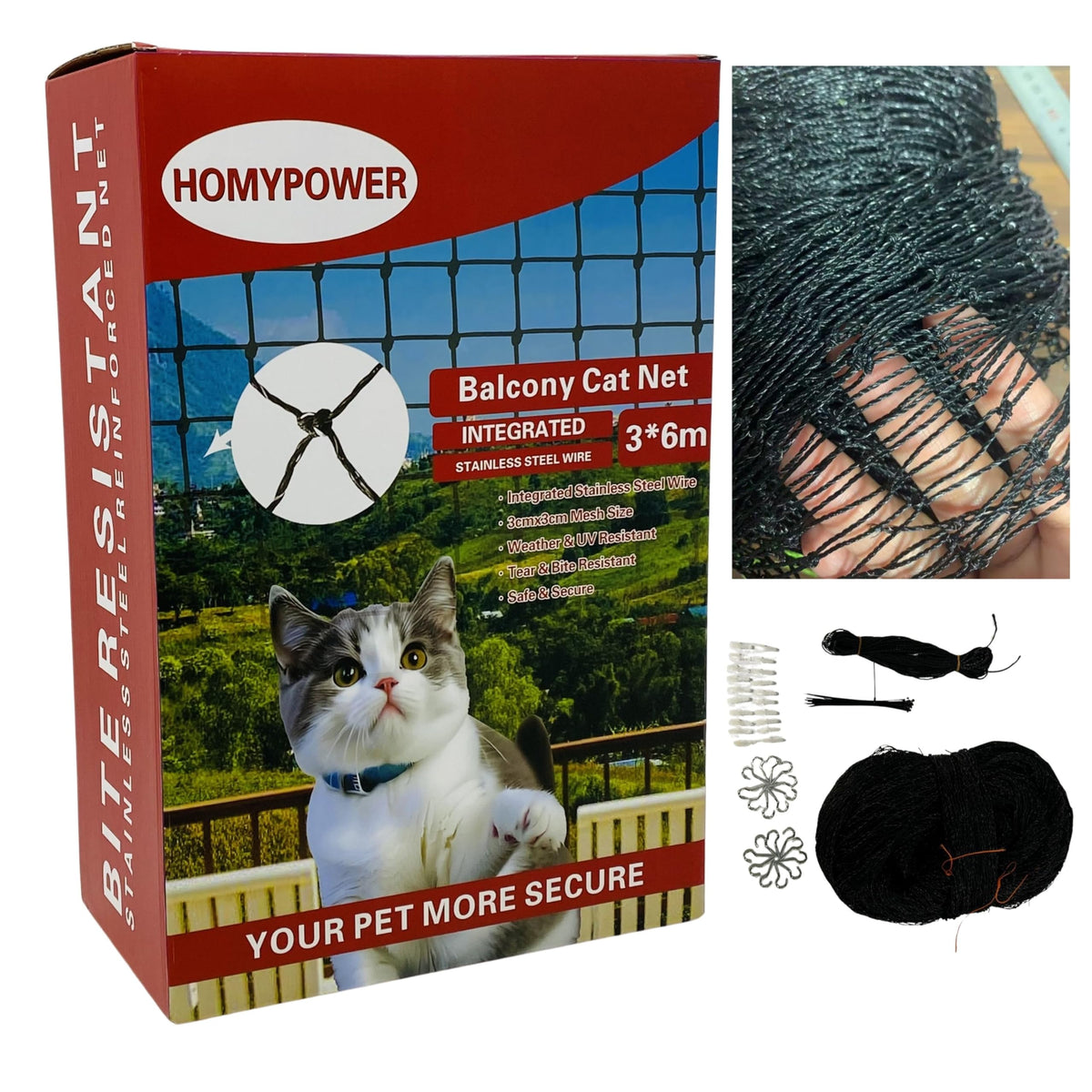 HOMYPOWER malla balcón para gatos con vista clara y protección contra caídas.