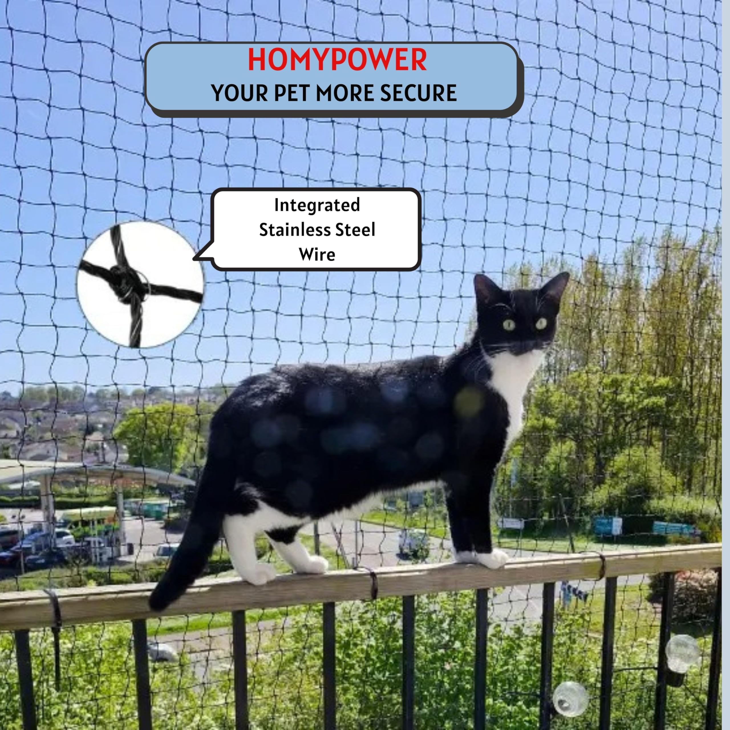 HOMYPOWER seguridad para gatos evitando caídas en balcones.