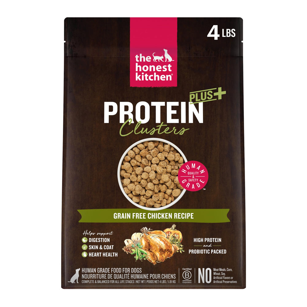 The Honest Kitchen Protein Plus+ Clusters con pollo en cuenco para perros activos.