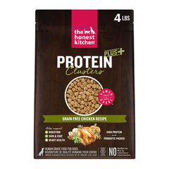 The Honest Kitchen Protein Plus+ Clusters con pollo en cuenco para perros activos.