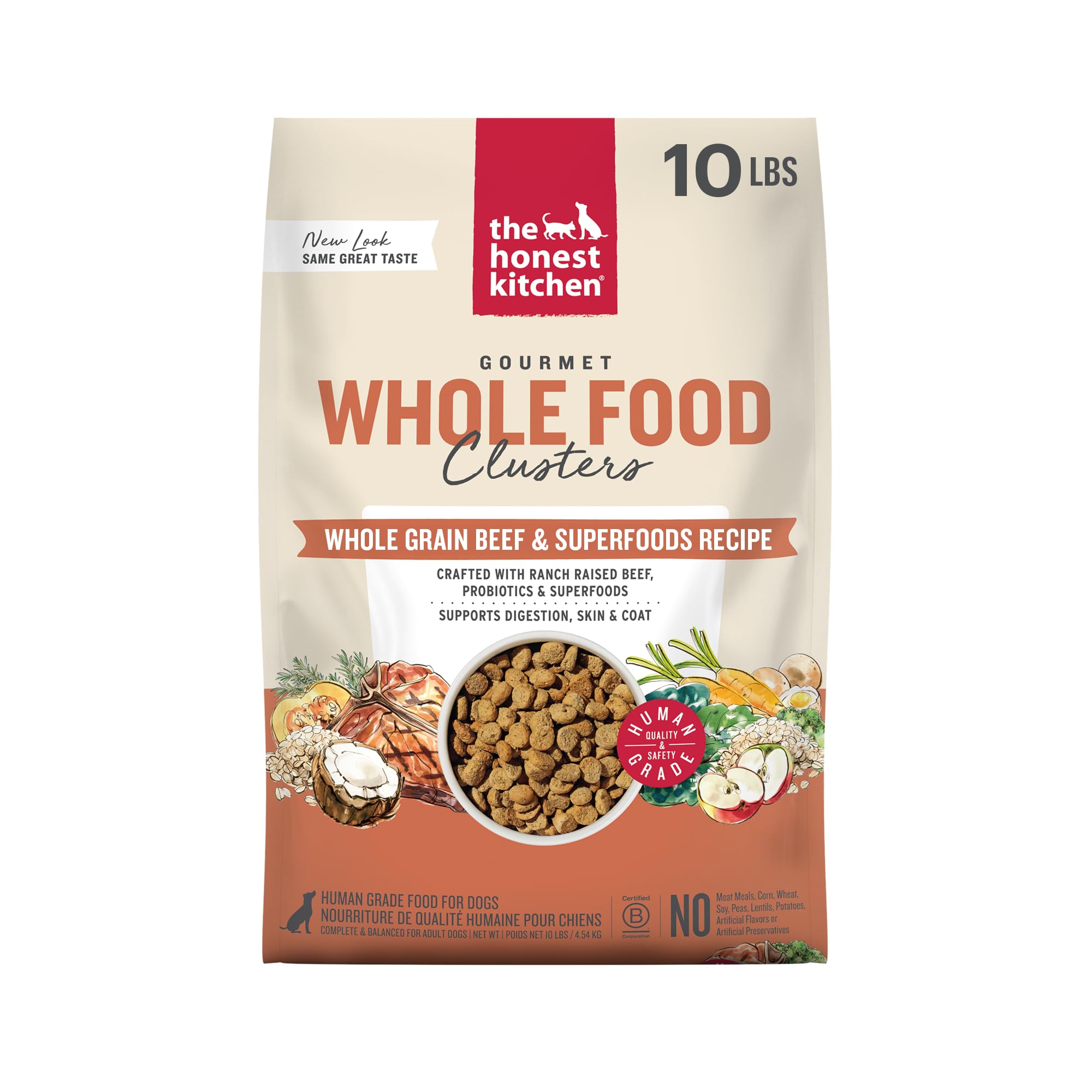 The Honest Kitchen Clusters de res con avena en bolsa: nutrición completa para perros activos.