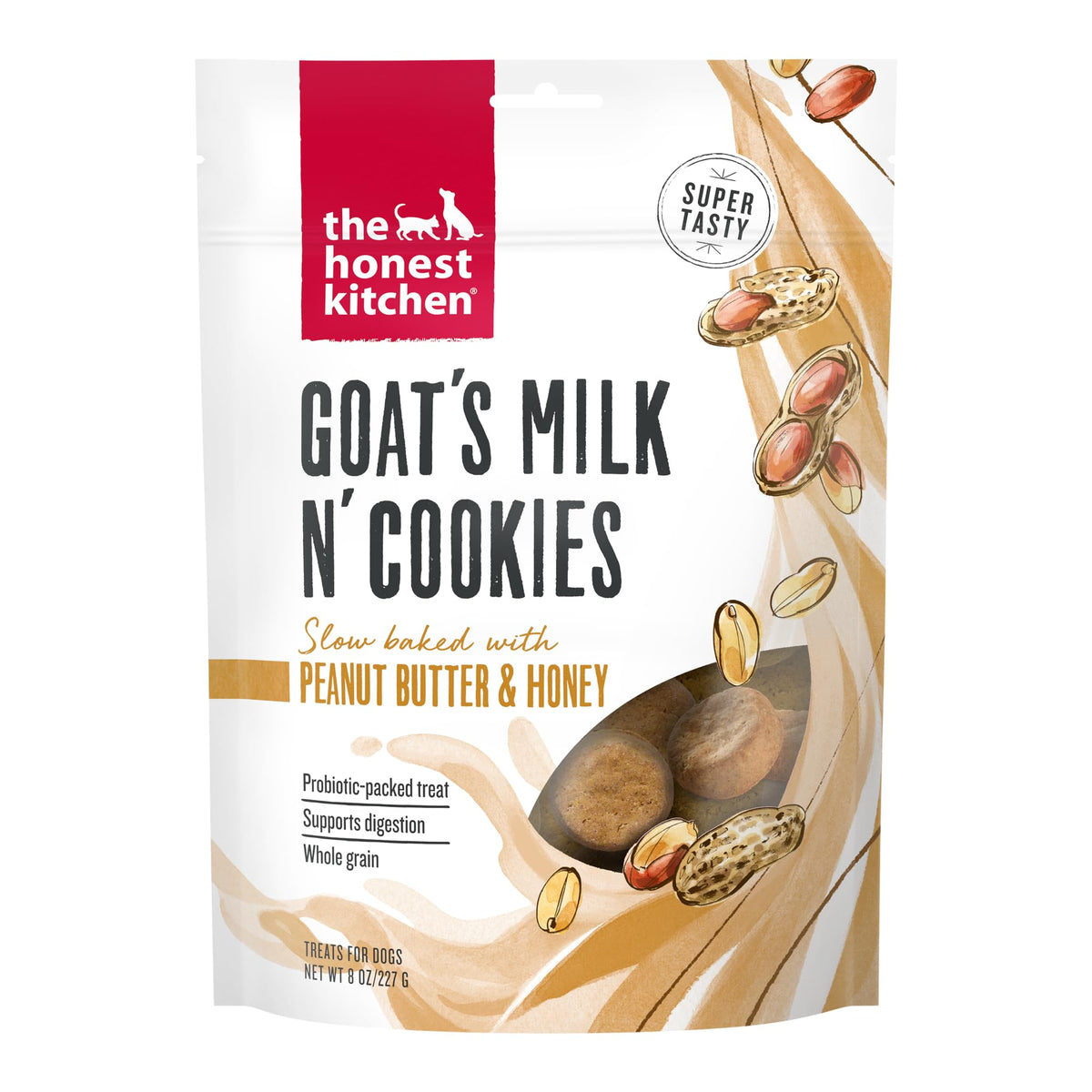 The Honest Kitchen Goat's Milk N' Cookies packshot showcases probiotic, digestion-friendly dog treats.
