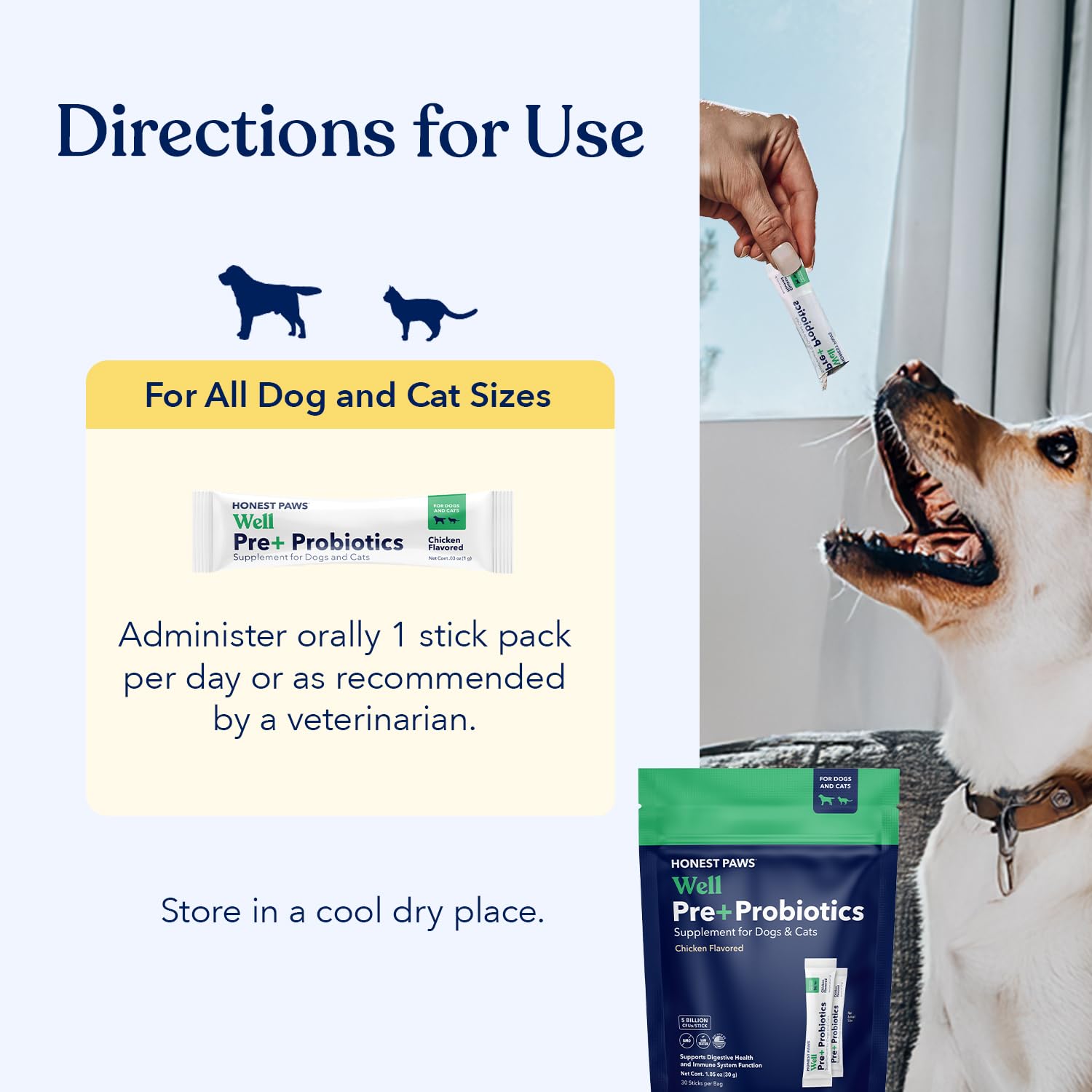 Honest Paws Probiotics incluye prebióticos para nutrir bacterias beneficiosas.