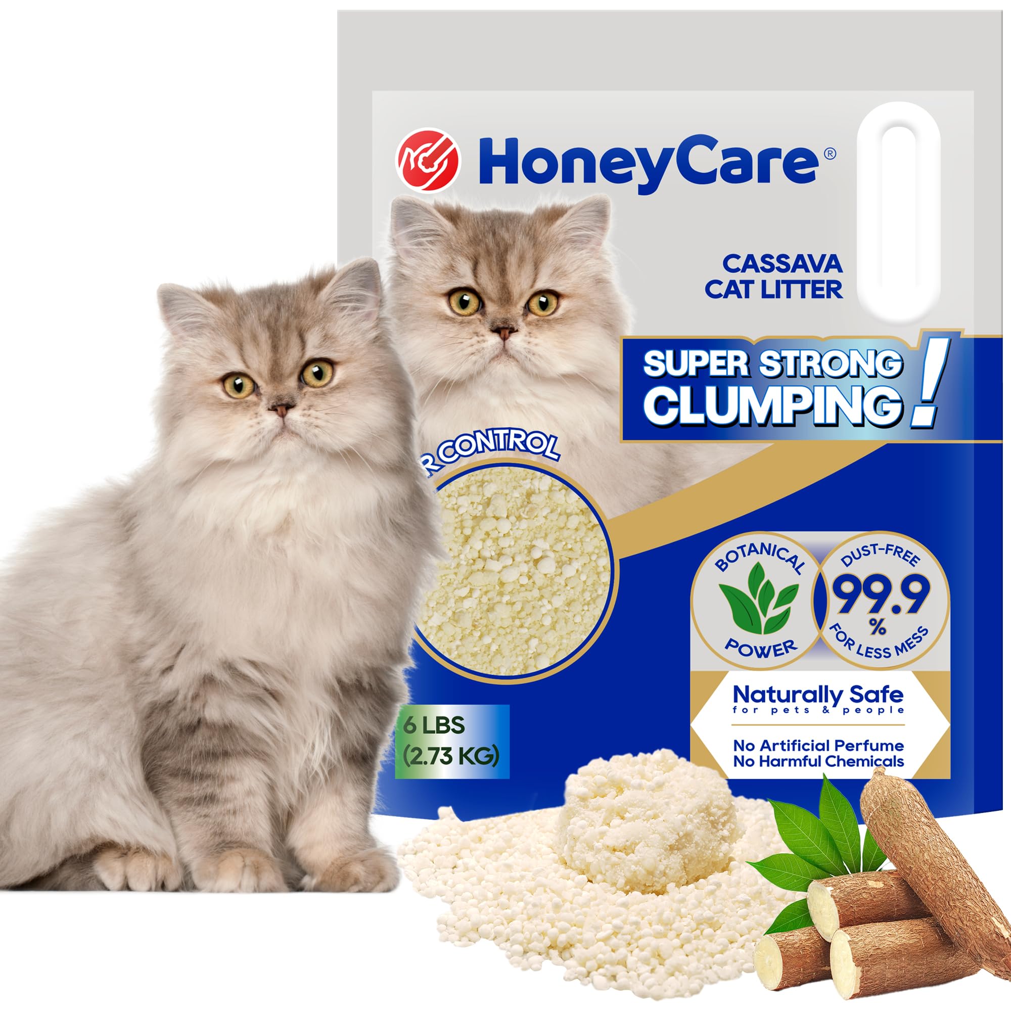Honey Care Cassava para Gatos, arena de 2 mm que facilita grumos rápidos y control de olores.