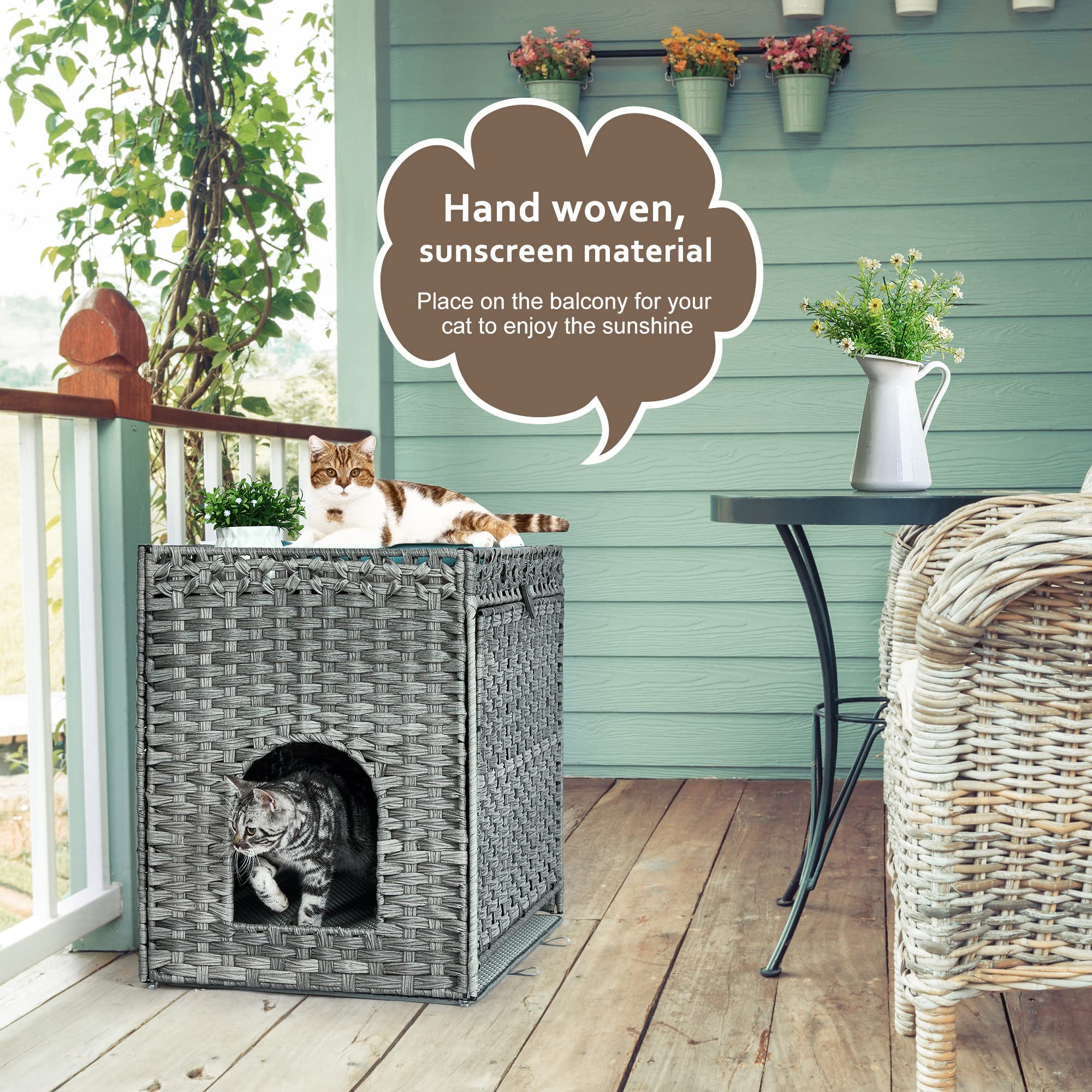 Honiakaka mueble oculto para gatos en ratán ofrece privacidad y luz natural